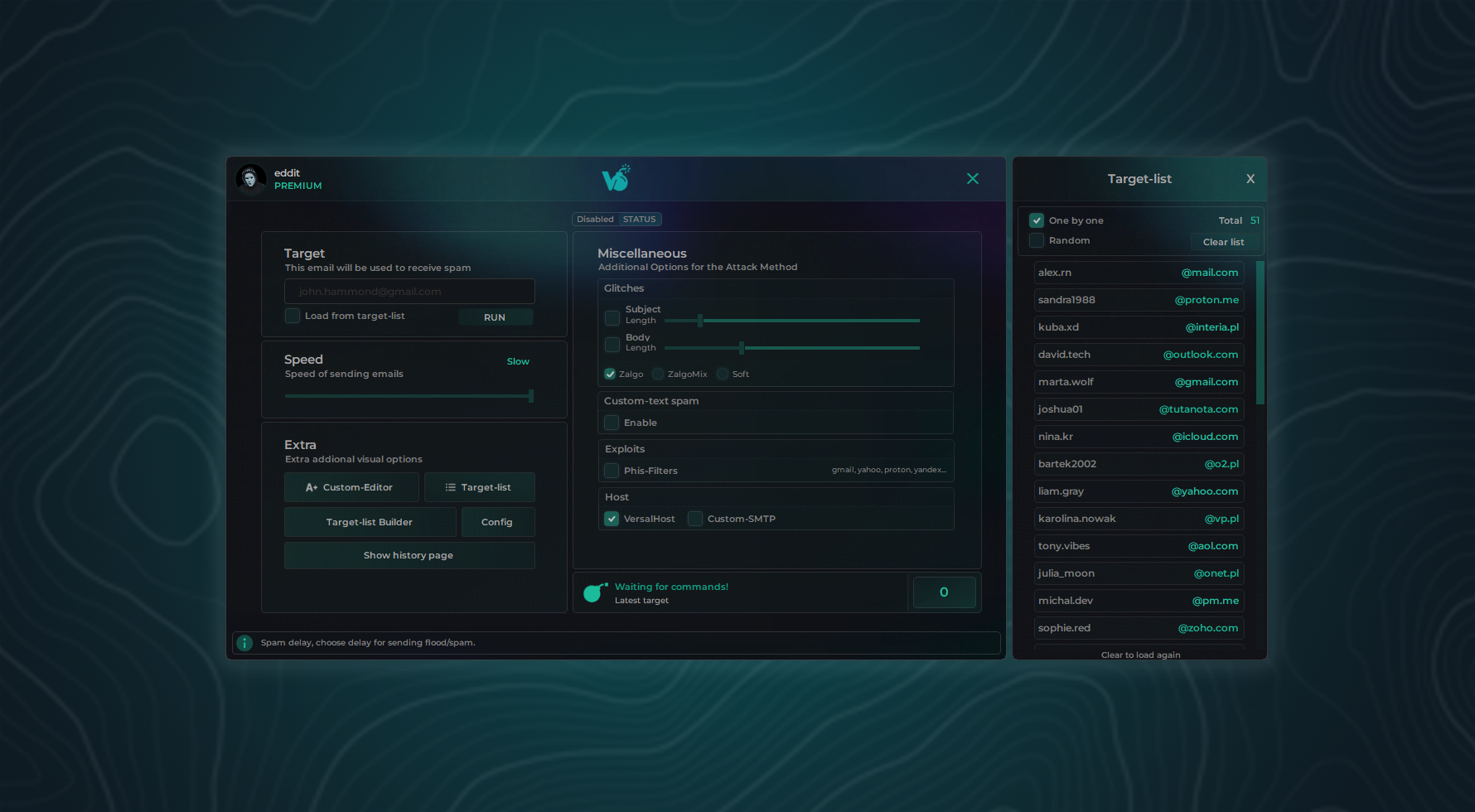 Main dashboard of Email Bomber software